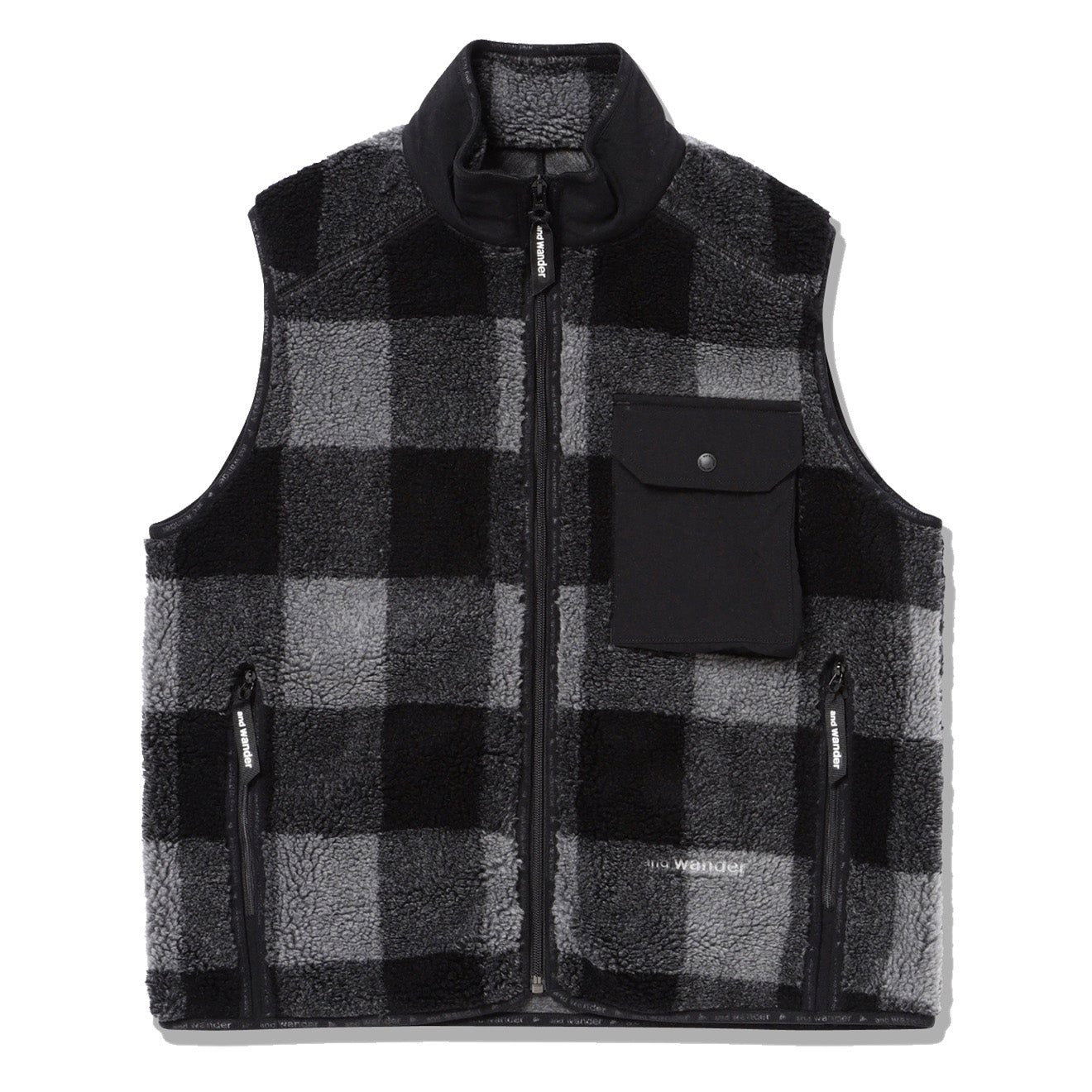 And Wander Womens Check Boa Vest Gray And Wander