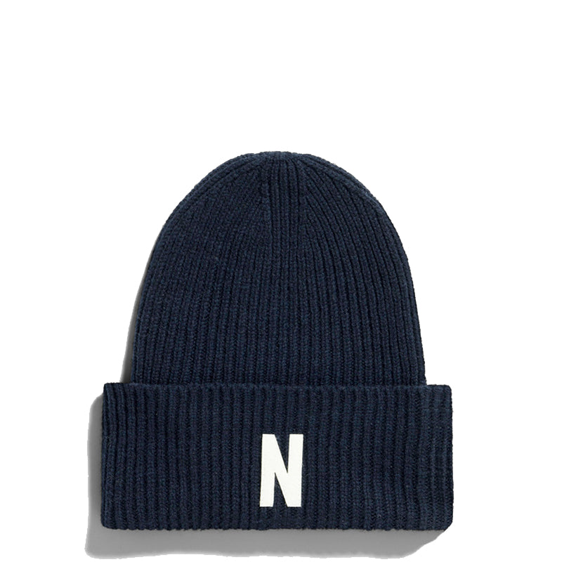 Norse Projects Merino Lambswool Rib N Logo Beanie Dark Navy Norse Projects