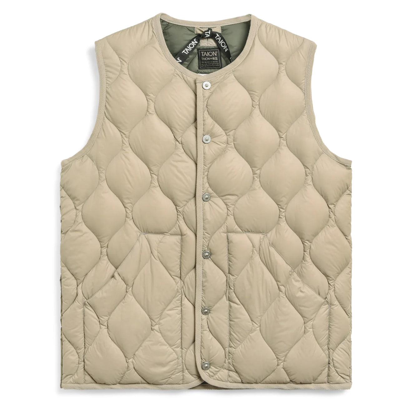 Taion Womens Military Crew Neck Down Vest Soft Shell Grey Beige Taion