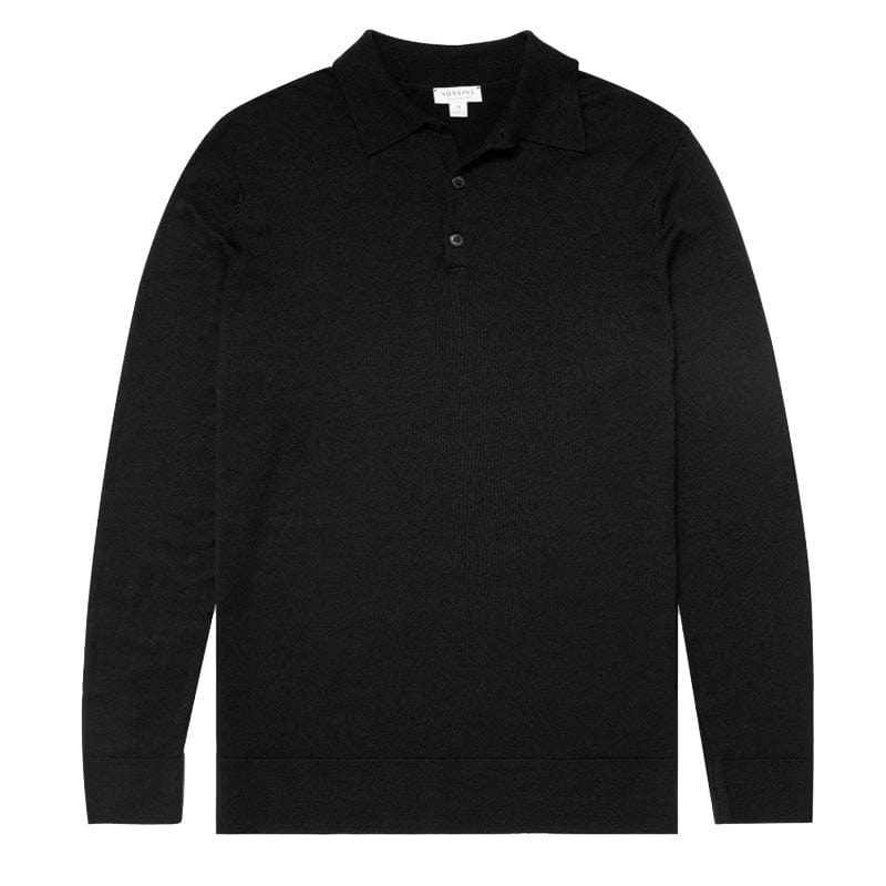 Sunspel Extra-Fine Merino Polo Shirt Black - Parasol Store